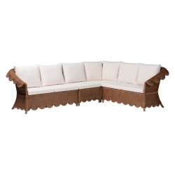 bali & pari Detta Natural Rattan 4-Piece Sectional Set - Handwoven Wicker Corner Lounge Seating with Scalloped Skirt Base and Rolled Arms, Boho Coastal Style for Sunroom or Living Room